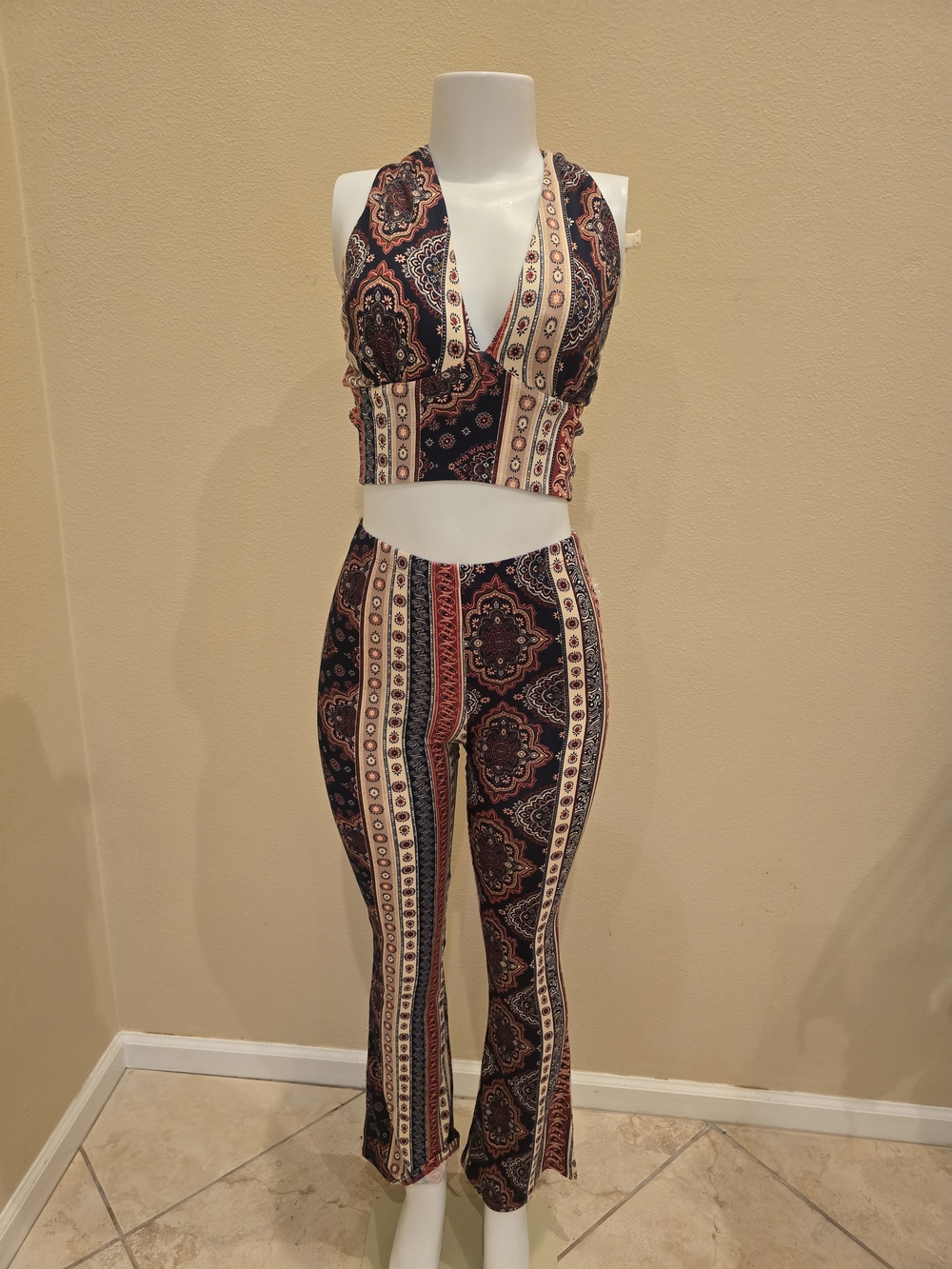 Boho Paisley Halter Crop Top & High Waist Flared Pants Two Piece Outfit Set